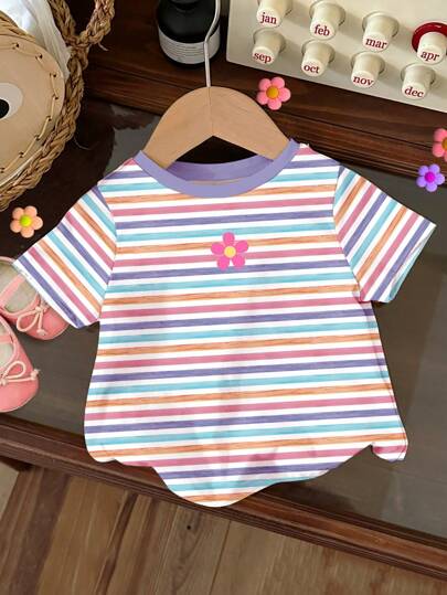 SHEIN Young Girl Casual Simple Lovely Striped & Floral Cartoon Pattern Round Neck Short Sleeve T-Shirt, Suitable For Summer