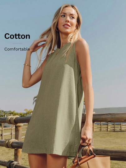 SHEIN LUNE Crew Neck Sleeveless Quilted Slant Pocket A-Line Linen Casual Vacation Elegant Short Dress For Women,Shirt Dresses For Women Sage Green Dress