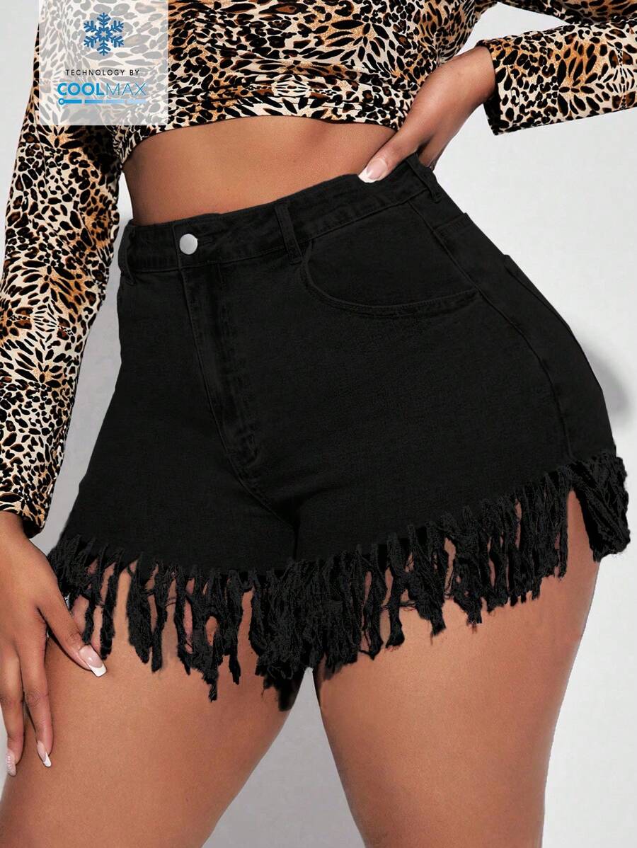 SHEIN SXY Short en jean casual d'été mode avec poches en biais et ourlet à franges pour grandes tailles - Noir - Voir 1