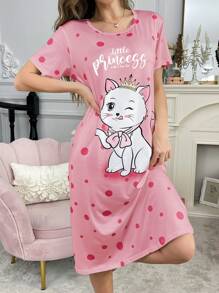 Women's Cute Cat & Polka Dot Letter Print Nightgown, Moo Moo - Multicolor - View 3