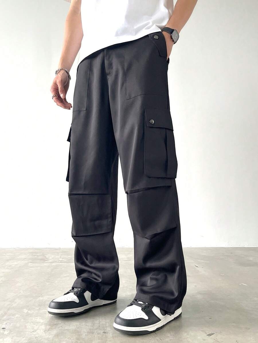 Claim Dot Loose Fit Wide Leg Pocket Men's Casual Pants, Solid Color Style Suitable For Summer - Black - View 1