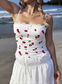 SHEIN EZwear Plus Cherry Print Lace Trim Ruched Top, For Summer - White - View 3