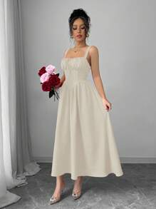 Women's Plain Red Maxi Dress For Summer 2025, Perfect For Valentine's Day Or Holidays, Featuring Ruffles At The Front, A Bow, An Asymmetrical Neckline, And A Slimmed Waist - 杏色 - 查看 10