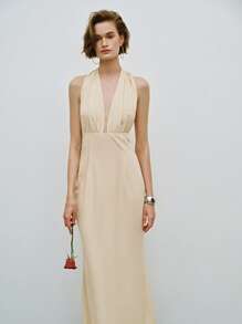 Lumivelle Vestido largo con cuello en V profundo, lazo y espalda descubierta