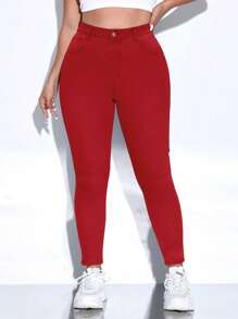 SHEIN ICON 大码女式休闲纯色斜口袋紧身牛仔裤 - 紅色 - 查看 4