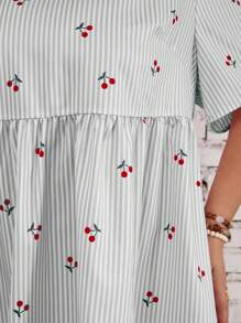 SHEIN CURVE+ Plus Size Women's Loose Cherry Graphic Print Striped Shirt For Beach Vacation Boho Vacationbeach Outfits For Woman/Beach Dress/Beach Vacation Outfits/Beach Essentials / Graduation/Tea Party Dresssummer/Country/Beach Vacation Outfits/Beach Outfits/Beach Wear