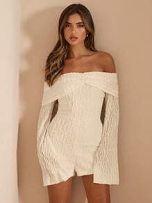 SHEIN BAE Mono de mujer de manga larga, ajustado, texturizado, con hombros al descubierto y drapeado, en unicolor, sexy, para primavera y verano, mono elegante, mono para resort, mono blanco - Albaricoque - Ver 7