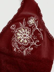 ROMWE Hippie Women Embroidery Halter Lace Patchwork Ruffle Hem Tank Top - Burgundy - View 2