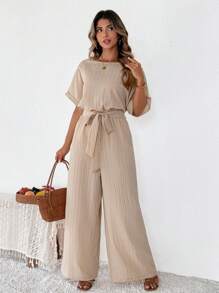 SHEIN Clasi Plus-size effen jumpsuit met korte mouwen, modieus, geschikt voor de zomer