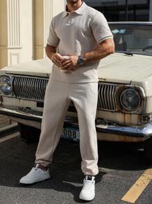 Manfinity Homme Plus Size Men Short Sleeve Solid Polo Shirt And Drawstring Waist Long Pants Set - Apricot - View 6