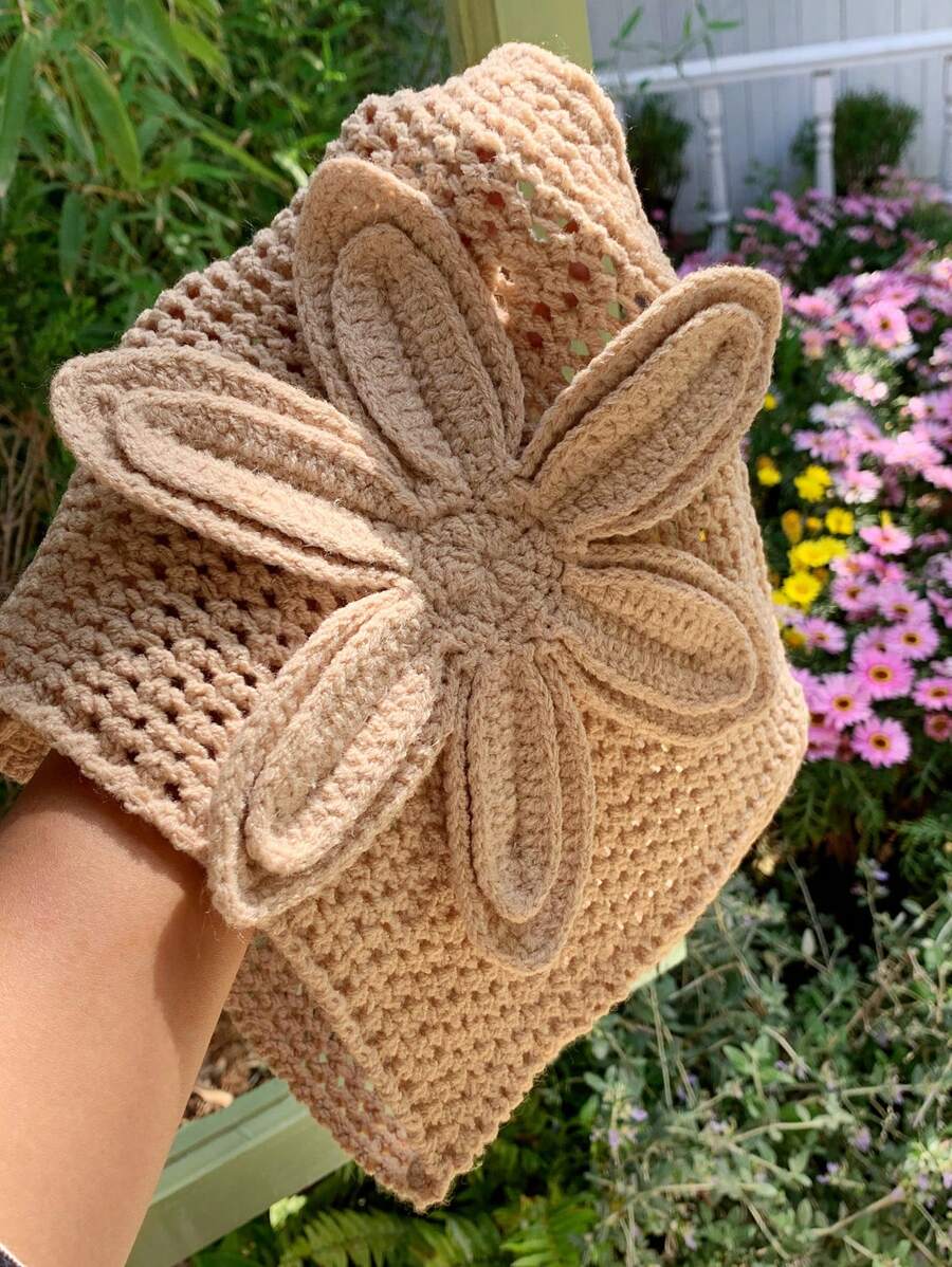 Comfortcana Women's Summer Vacation Crochet Floral Accent Cropped Knitted Top - Apricot - View 1