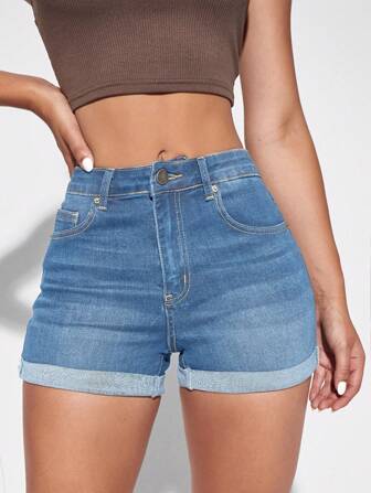 Shorts in denim con orlo arrotolato con zip