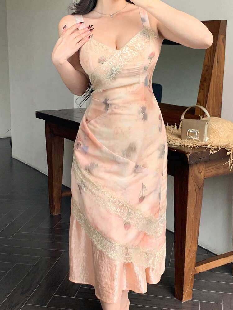 Women's Sexy Fitted Vacation Hollow Lace Splicing Asymmetrical Cake Skirt Floral & Dot Print Sleeveless Midi Dress, Summer