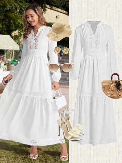 Ellevyn Valentine's Day Women's Woven Jacquard Texture V-Neck Ruffle Hem Lace Trim Summer Dress Women Nice Dress Dresses Classy Elegant Ruffle