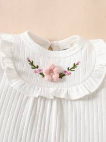 SHEIN New Summer Baby Girl Beige Round Neck Bubble Short Sleeved Three-Dimensional Embroidered Jumpsuit Shorts Cute, Elegant, Simple And Comfortable - White - View 5