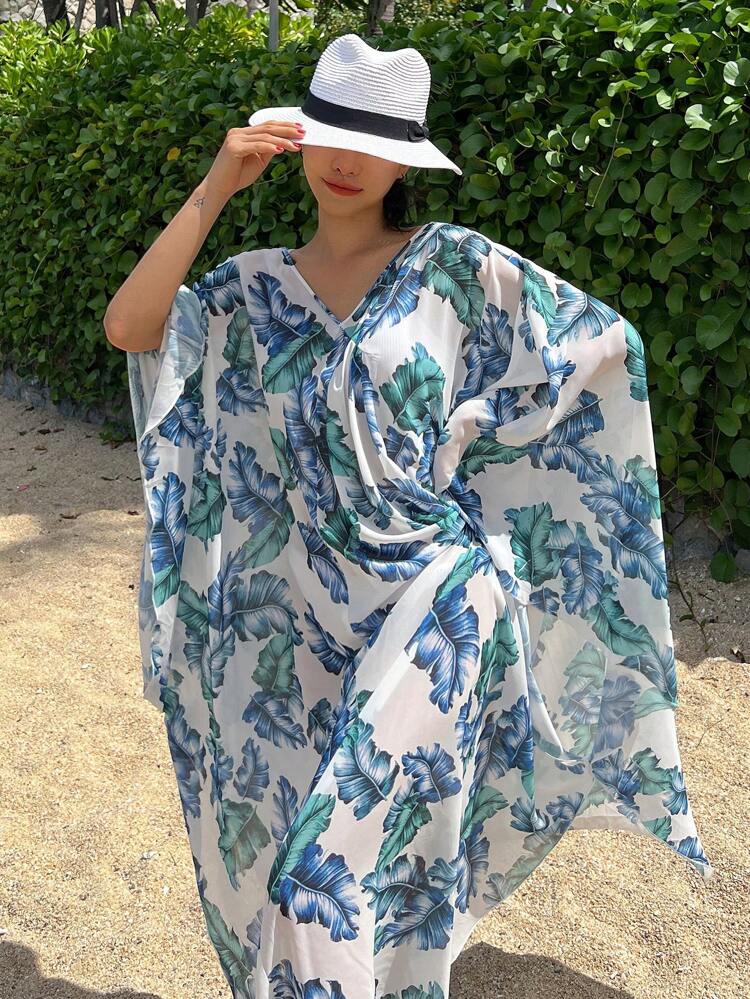 Women's Tropical Plant Print V-Neck Batwing Sleeve Cover-Up Dress,Beach Outfits Vacation