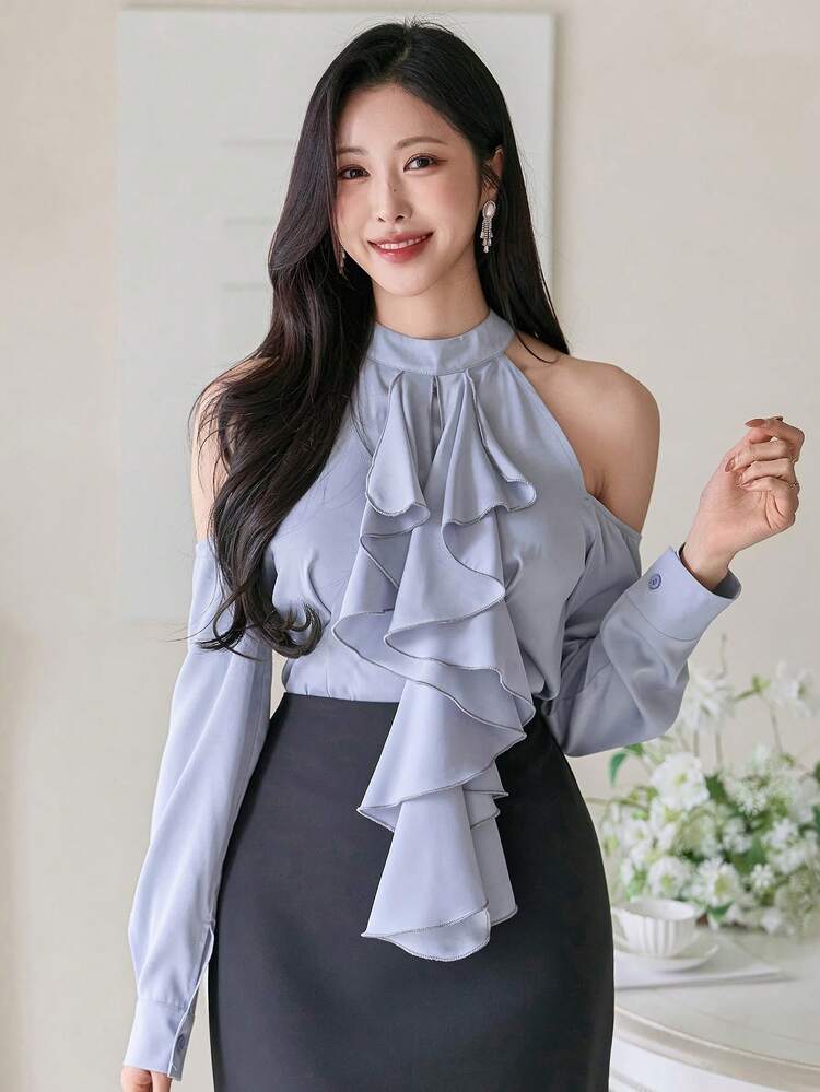 Solid Color Off Shoulder Ruffled Hem Ladies Blouse Long Sleeve Spring