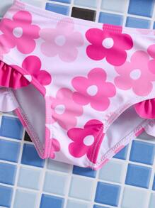 Baby Girl Floral Print Asymmetric Neckline Tankini Swimsuit, Random Print Patterns - Hot Pink - View 4