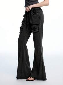 LYSMO 重度水洗复古风格结构口袋抽绳喇叭裤 - 黑色 - 查看 3