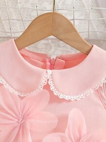 Baby Girls' Peter Pan Collar Sleeveless A-Line Dress,Pink Summer Elegant Layered Party 3D Floral Embellishments Comfortable Dress For School Events - Pink - View 6