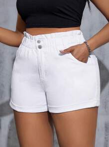 SHEIN PETITE CURVE Women Plus Size White Denim Roll-Up Hem Shorts Summer Summer For Women Vacation Women Cowgirl For Women Western Wear Women Business Casual Woman Festival Airport For Women Graduation Ibiza Beach Hawaii Women Concert For Women Cruise Women Boho Ruffle Shorts - White - View 6