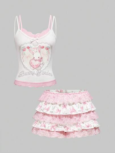 Kawaii Women's Cute Innocent Girl Rabbit Bow Print 2 In 1 Set