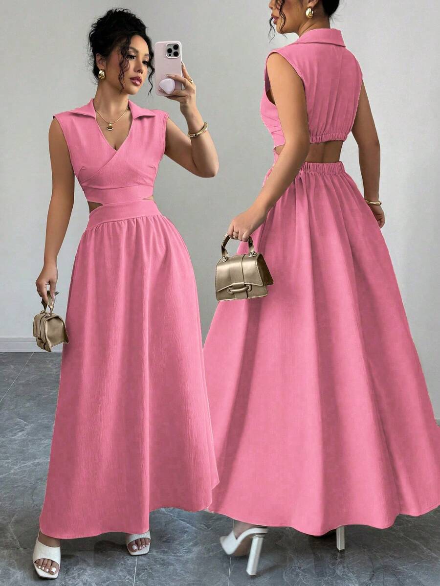 Elenzga Women's Khaki V-Neck Waist Design Sleeveless Dress - Hot Pink - View 1