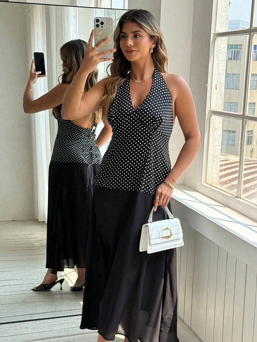 Flirla Plus Size Women Polka Dot Print Halter Elegant Dress