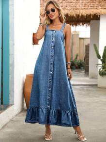 Breezaya 女式休闲水洗牛仔荷叶边连衣裙，夏季 - 中等水洗藍 - 查看 7