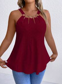 SHEIN LUNE Plus Size Solid Color Eyelet Embroidered Ring Tank Top - Burgundy - View 3