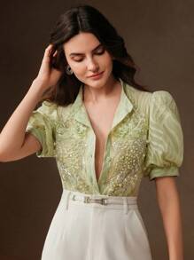 Anewsta Blusa corta de mujer elegante francesa artesanal con mangas abombadas decorada con cuentas y cristales, color verde