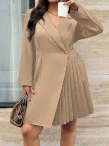 SHEIN Unity Plus Size Women's Solid Color Lapel Neck Long Sleeve Pleated Hem Elegant Commuter Dress, Autumn Fall Cloth For Women - Khaki - View 4