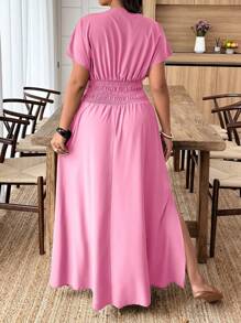 EMERY ROSE 大码休闲纯色深V领侧开衩连衣裙，节日风格 - 粉色 - 查看 2