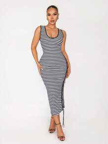 Zolique 女式条纹系带无袖紧身迷你连衣裙 - 黑色 - 查看 4