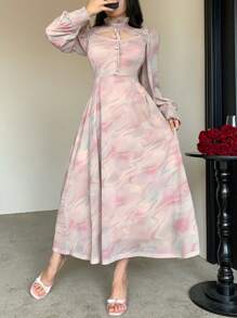 DAZY Váy dài tay bồng họa tiết hoa dành cho nữ, Đầm thu tay dài - Hồng - Xem 5