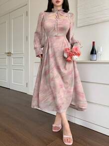 DAZY Váy dài tay bồng họa tiết hoa dành cho nữ, Đầm thu tay dài - Hồng - Xem 7