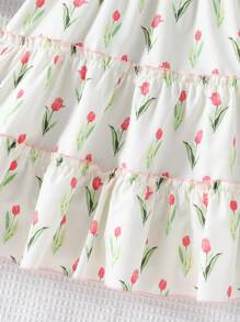 SHEIN Genkimix Kids Tween Girl Floral Print Ruffled Hem Tea Party Camisole Dress Summer Holiday - Apricot - View 4