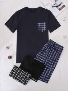 Conjunto de pijama de verano para hombres con parte superior de manga corta y pantalones cortos de estampado a cuadros cómodos