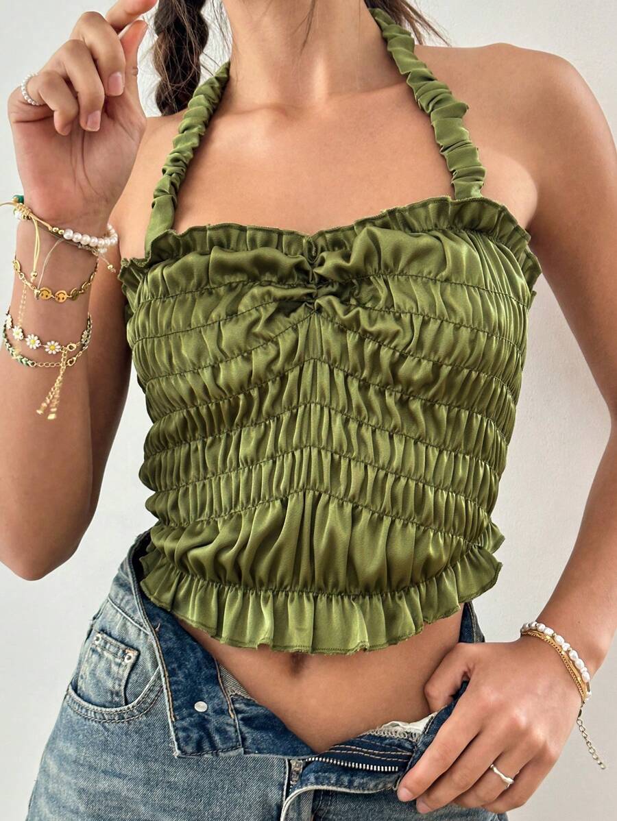 Jouncy Top de tirantes con cuello halter, plisado y con volantes en color liso para mujer, ideal para el verano - Verde - Ver 1