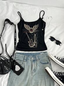 Tseoso Guitar & Eagle Pattern Soft & Comfortable Cotton Blend (95%) Sleeveless Tank Top, Fitted, Suitable For Spring & Summer, Retro Style Back To School - Black - View 6