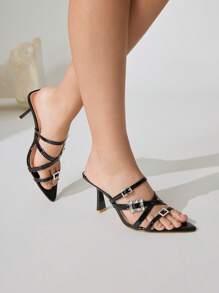 CUCCOO CHICEST 夏季新款女士高跟凉鞋，水钻扣带尖头细高跟鞋，优雅奢华浪漫性感黑色仿蜥蜴皮正装鞋，适合派对、约会、时尚活动 - 黑色 - 查看 7