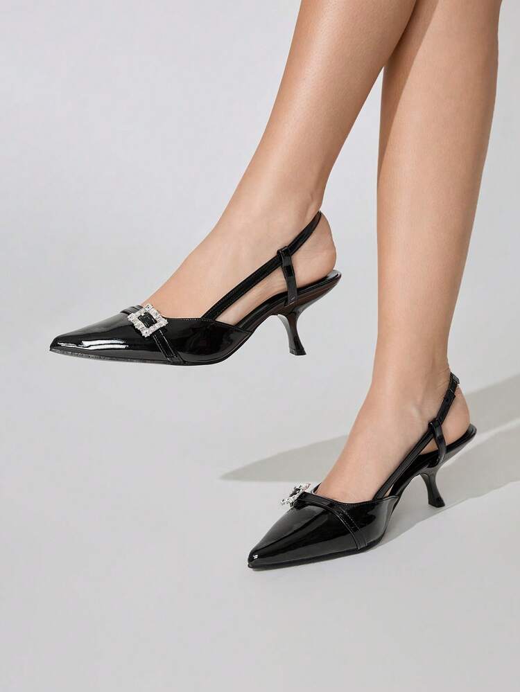 CUCCOO CHICEST Décolleté con punta affusolata e tacco a rocchetto con fibbia gioiello, eleganti décolleté neri in vernice con tacco alto, scarpe da lavoro, versatili per ogni outfit
