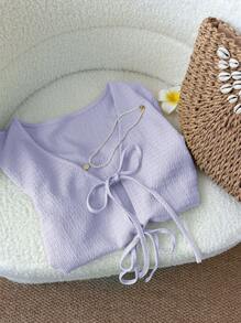 SHEIN LUNE Áo len dệt kim màu vàng nhạt thắt nơ phía trước, kiểu dáng gợi cảm, dễ thương, thời trang thường ngày dành cho nữ. - Màu tím hoa cà - Xem 6