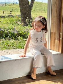 SHEIN Young Girl' Embroidery Retro Pattern Jumpsuit, Casual Country Style Versatile All-Match - White - View 7