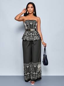 SOLERSUN Women's 2 Pieces Set Bohemian Style Apricot & Black Print Ruffle Hem Tube Top With Wide Leg Pants, Vacation Outfit - Black - View 5