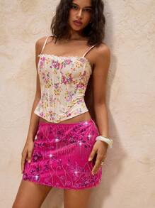 Glamine New Women's Hot Pinks Handmade 3d Flower Sexy Knit Sequin Four Seasons, Mini Skirt For Party,Elegant Glitter Skirt, Women Elegant Outfits, Women Sequin Floral Skirt,Glam Slim Mini Small A Line Sparkly Skirt,Cocktail Skirt Short,Date Night Skirt, Woman S Summer Clothes - Hot Pink - View 4