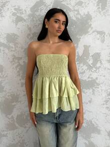 Glamine Áo Bandeau xếp ly co giãn có họa tiết - Màu xanh Ô liu - Xem 5