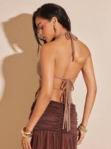 Hauture Women's Summer Vacation Sexy Sequin Crochet Halter Top - Coffee Brown - View 2
