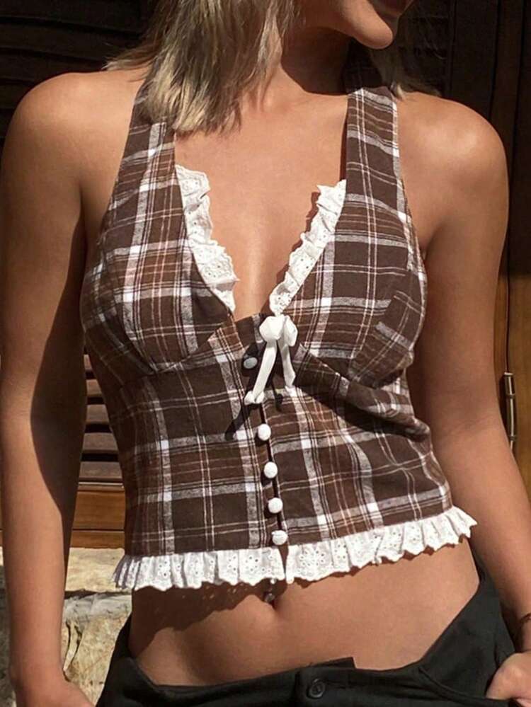 SHEIN x PRISCILA & JIMENA V-Neck Lace-Trim Plaid Spaghetti Strap Backless Tank Top