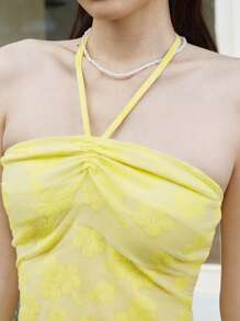 SHEIN LUNE Women Floral Textured Ruched Bandeau Crop Top Tube Top - Yellow - View 6